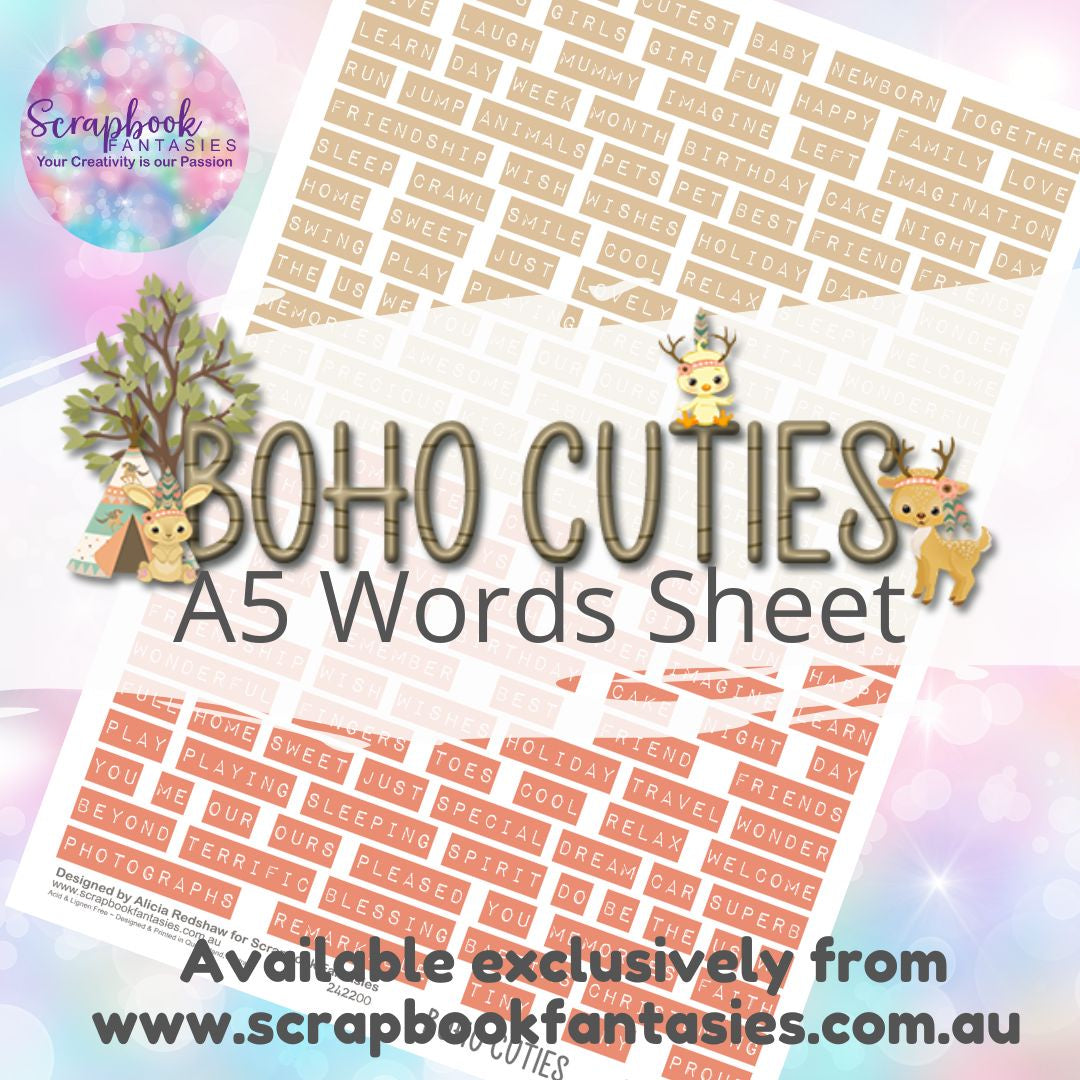 Boho Cuties A5 Words Sheet - Beige & Peach Baby Words 242200
