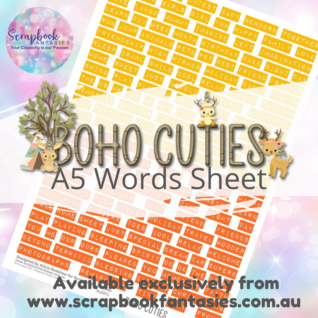 Boho Cuties A5 Words Sheet - Yellow & Orange Baby Words 242201