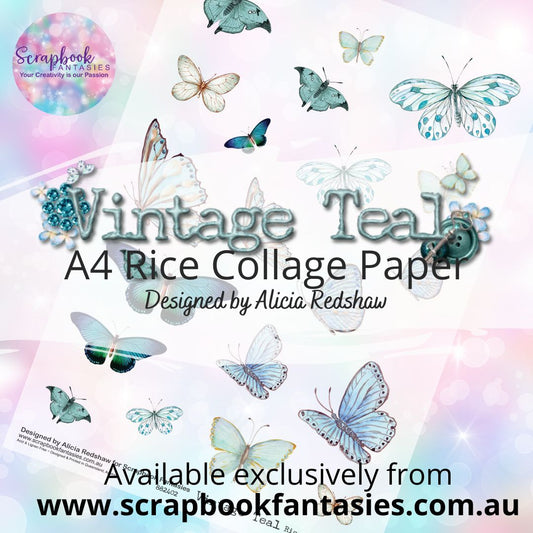 Vintage Teal A4 Rice Collage Paper - Butterflies 882402