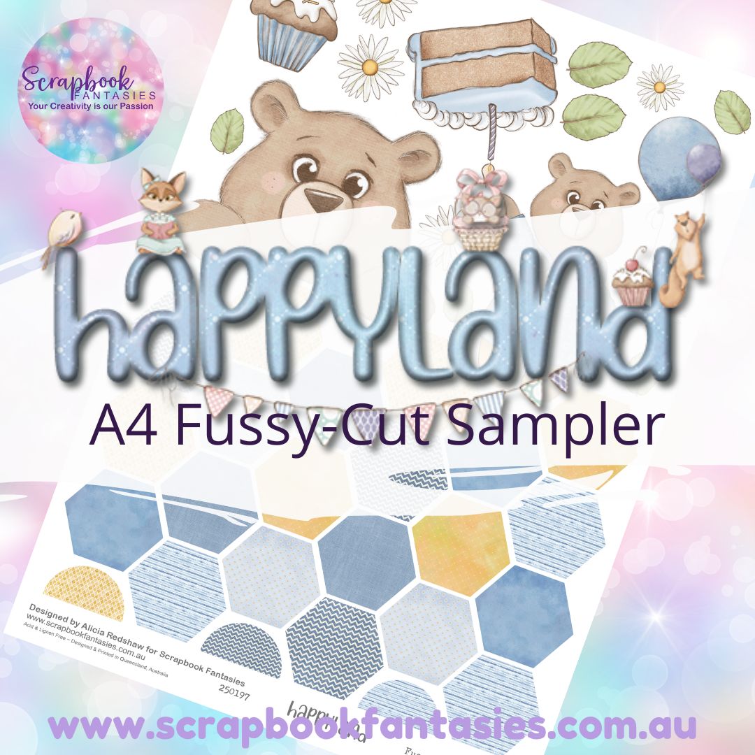 Happyland A4 Colour Fussy-Cut Sampler - Blue & Yellow Birthday Hexagons - 250197