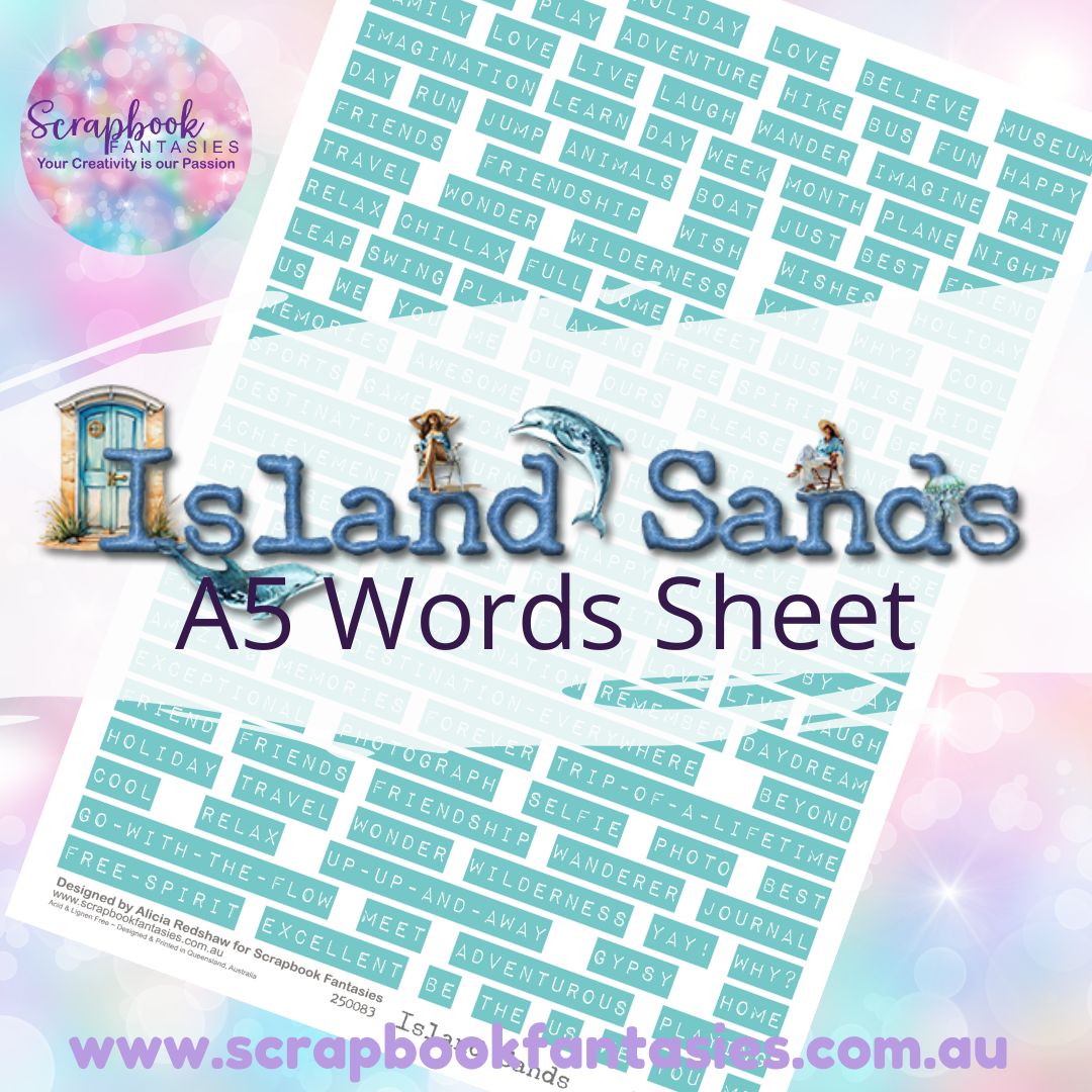 Island Sands A5 Words Sheet - Pale Blue Travel Words 250083