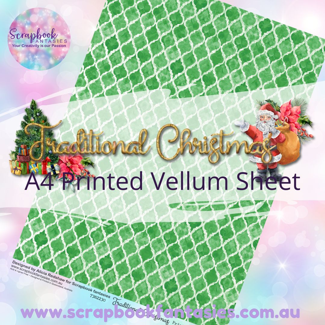 Traditional Christmas A4 Printed Vellum Sheet - Green Quatrefoil 7382230