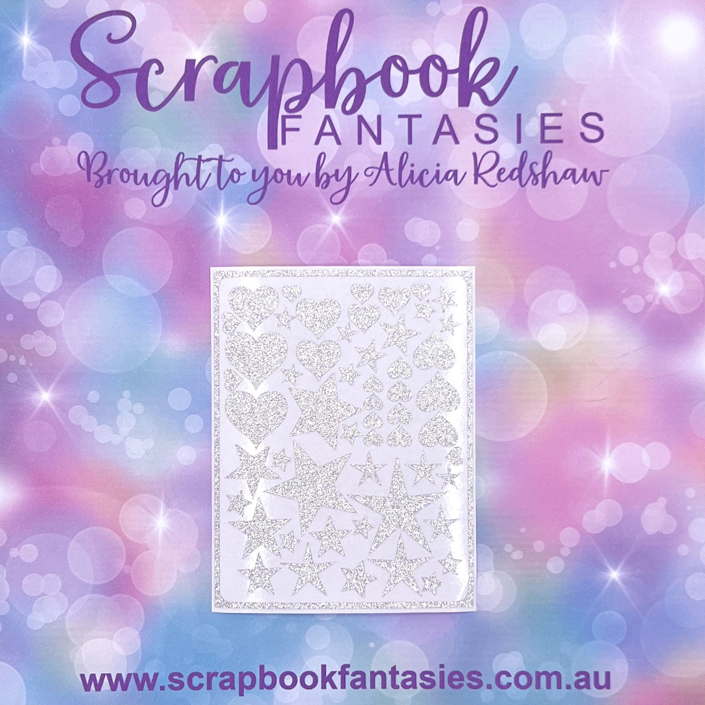 Heart & Star Stickers (3"x3.75" sheet) 52 shapes - Silver Glitter