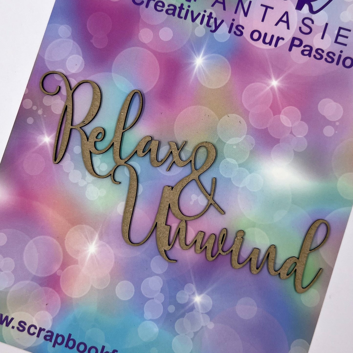 Chippie-Cuts Grey 1.2mm Chipboard Title - Relax & Unwind (script) 4.25"x2" 15490