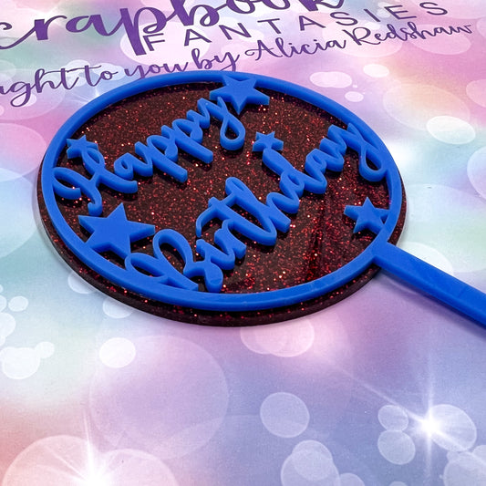 Acrylic Cake Topper - Two-Colour Happy Birthday with Stars - Blue + Red Glitter - 4"x4" 14819