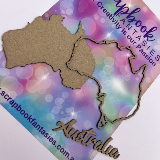 Chippie-Cuts Grey 1.2mm Chipboard - Australia pack (3 pieces) Map, Map outline & Australia word 15294