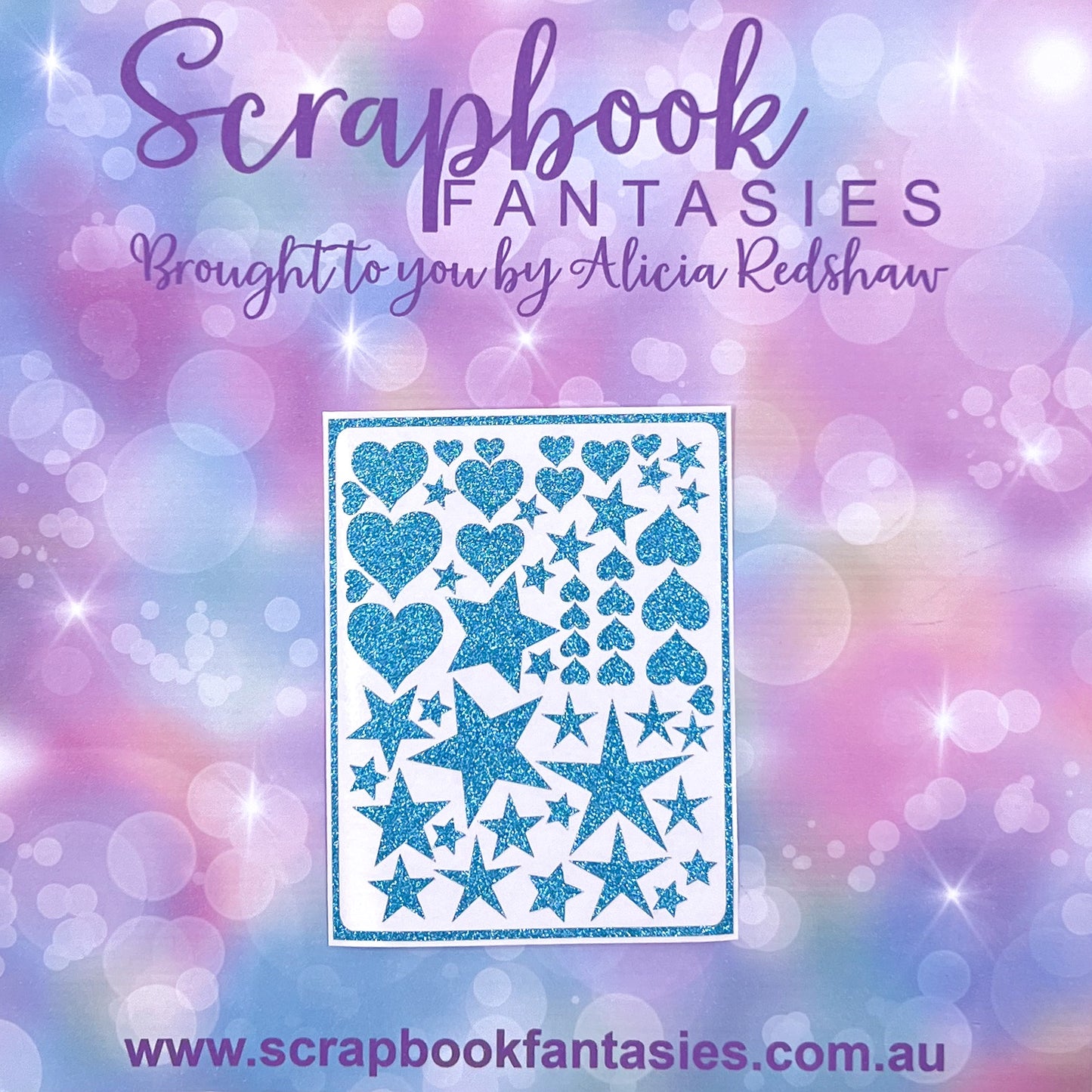 Heart & Star Stickers (3"x3.75" sheet) 52 shapes - Mid Blue Glitter