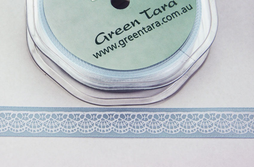 15mm Pale Blue Lace Print Satin Ribbon (1 metre)