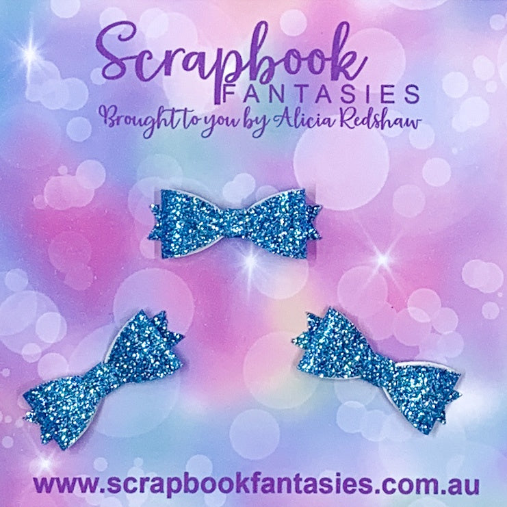 Handmade Mid Blue Sparkly Mini-Mini Glitter Bows (3 pack) by Naomi-Jon Redshaw