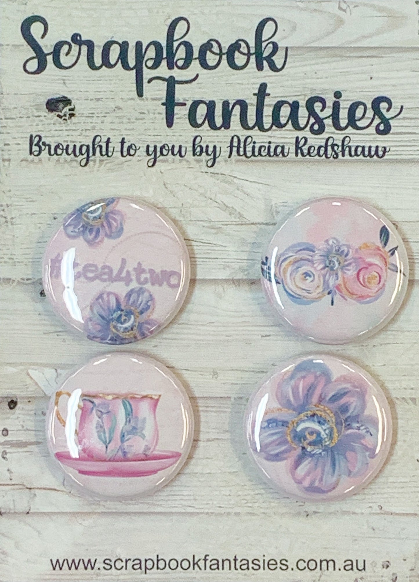 Springtime Tea Party Flair Buttons [1"] - #tea4two (4 pieces) Designed by Alicia Redshaw Exclusively for Scrapbook Fantasies