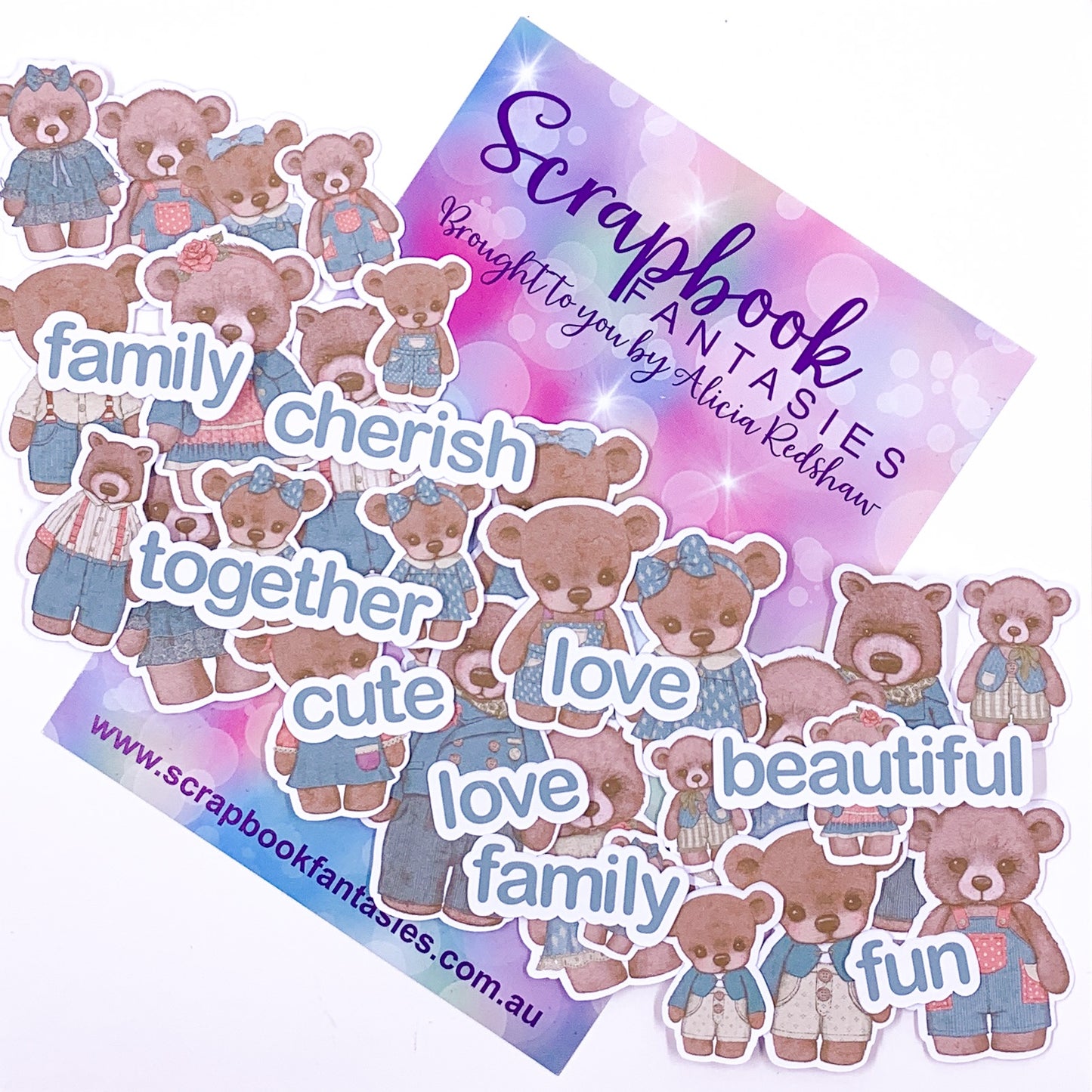 Beautiful Family - Bears & Words 7 Colour-Cuts (35 pieces) Teal & Brown - Designed by Alicia Redshaw