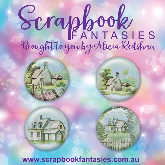 Cottage Garden Flair Buttons [1"] - Cottage Houses (4 pieces) Designed by Alicia Redshaw