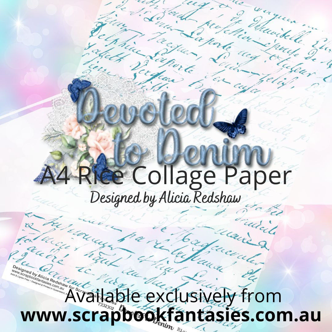 Devoted to Denim A4 Rice Collage Paper - Teal Script
