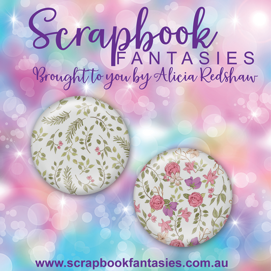 Swan Princess Flair Buttons [1"] - Floral Patterns on White (2 pieces) Designed by Alicia Redshaw