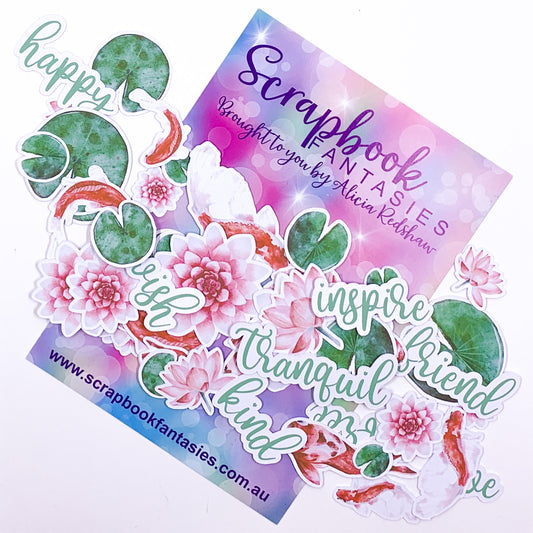 Tranquility - Koi Fish, Water Lilies & Words Colour-Cuts (51 pieces) Designed by Alicia Redshaw