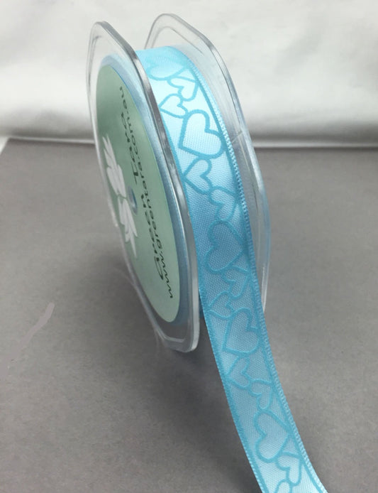 15mm Pale Blue Hearts Print Satin Ribbon (1 metre)