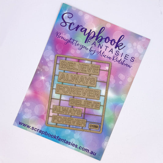 Chippie-Cuts Grey 1.2mm Chipboard 2.75"x3.5" - Believe Always Forever (6 pieces) C1032