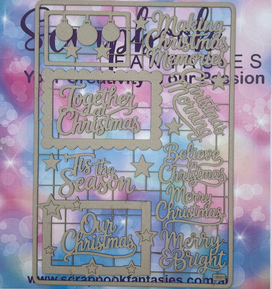 Chippie-Cuts Grey 1.2mm Chipboard 8.25"x11.75" - Christmas Titles and Frames (18 pieces) C5031