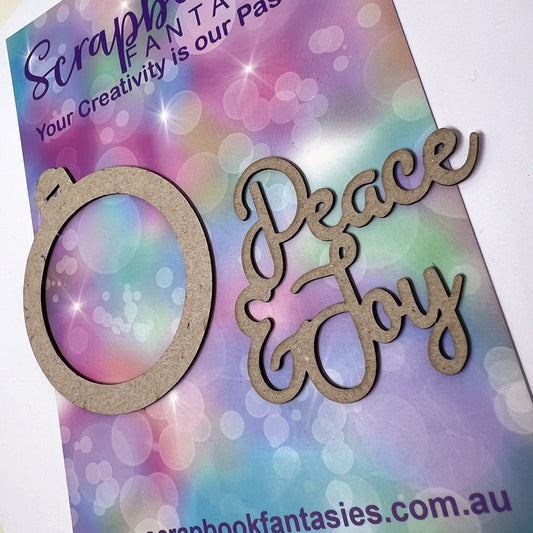 Chippie-Cuts Grey 1.2mm Chipboard Title Set - Peace & Joy + Bauble 2.5"x2.25" + 2.5"x3" 20212