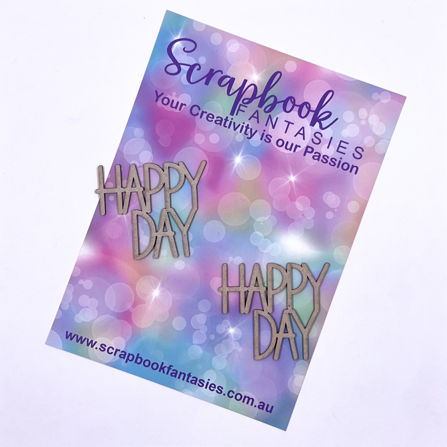 Chippie-Cuts Grey 1.2mm Chipboard Title - Happy Day (2 pack) 2"x1.75" 20009