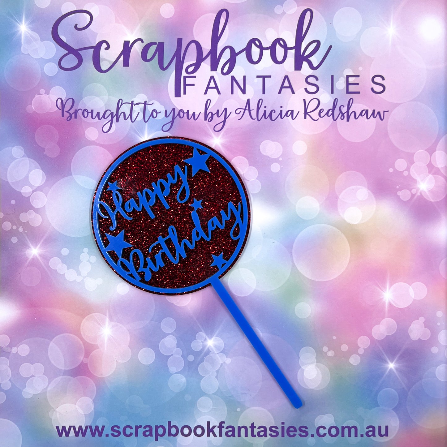 Acrylic Cake Topper - Two-Colour Happy Birthday with Stars - Blue + Red Glitter - 4"x4" 14819