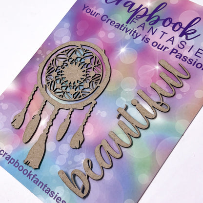 Chippie-Cuts Grey 1.2mm Chipboard Title Set - Beautiful + Dreamcatcher (2 pieces) 4"x1" + 2"x3.75" 15945