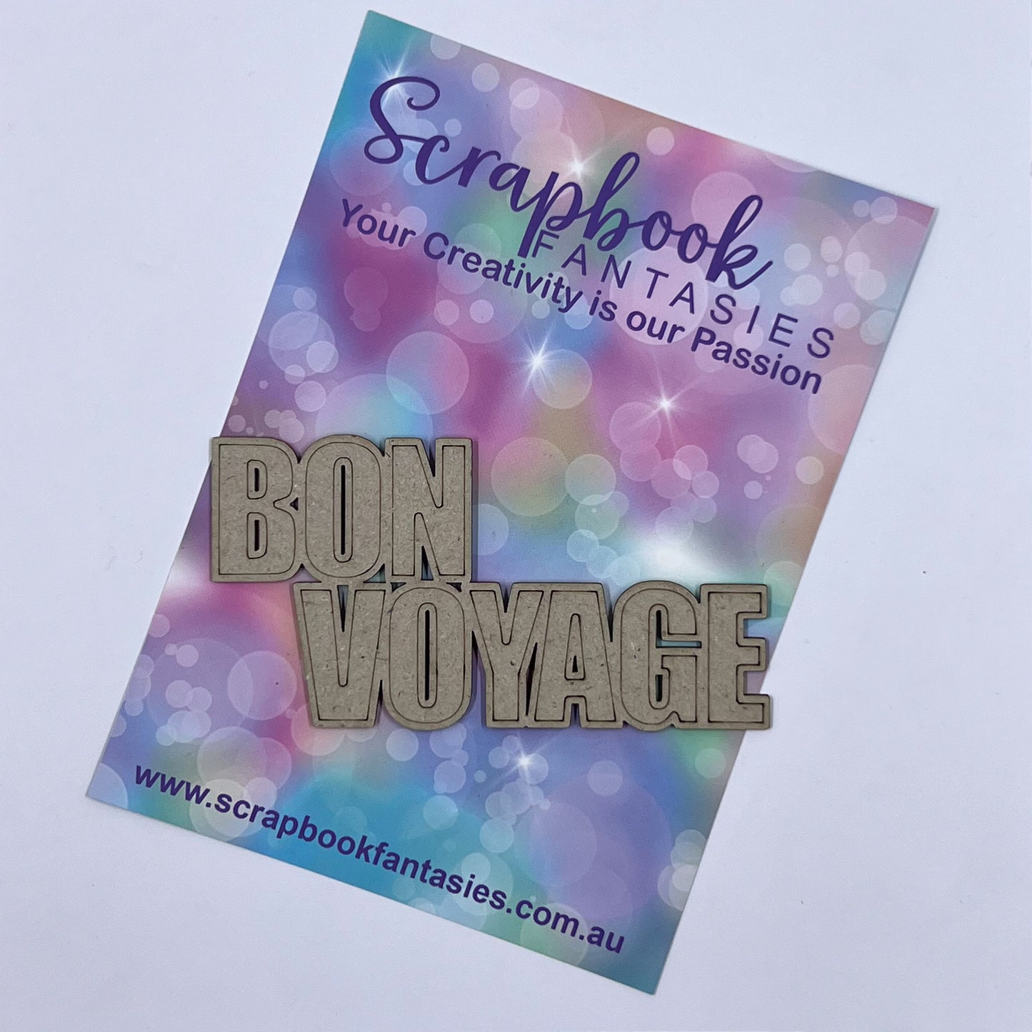 Chippie-Cuts Grey 1.2mm Chipboard Title - Bon Voyage (engraved) 4.25"x2.25" 16348