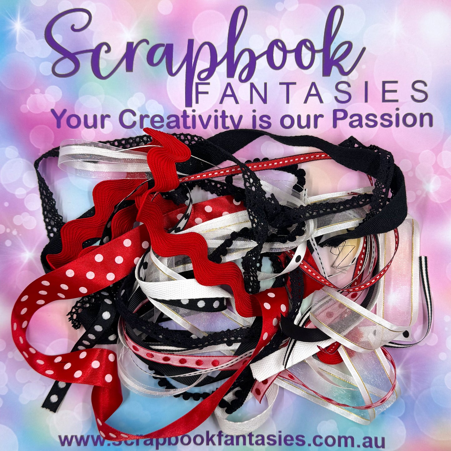 Scrapbook Fantasies Red, Black & White Ribbon Pack - 17 x approx. 1/2 mt lengths - 20664
