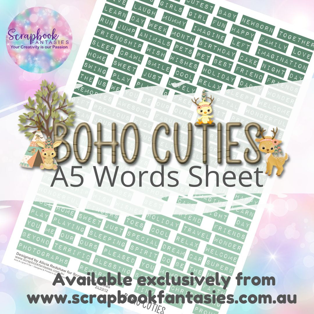 Boho Cuties A5 Words Sheet - Green & Mint Baby Words 242202