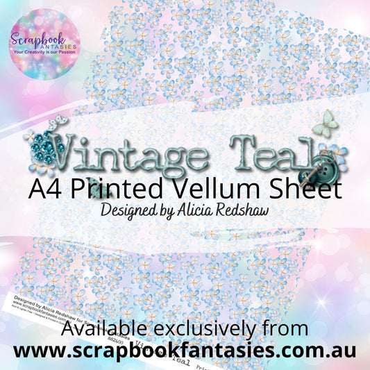 Vintage Teal A4 Printed Vellum Sheet - Blue Flowers 882400