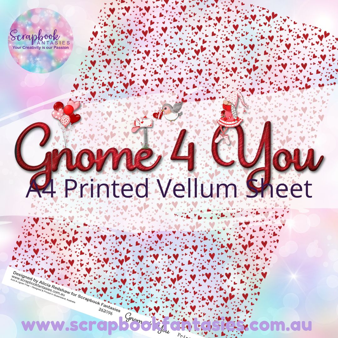 Gnome 4 You A4 Printed Vellum Sheet - Red Hearts 262096