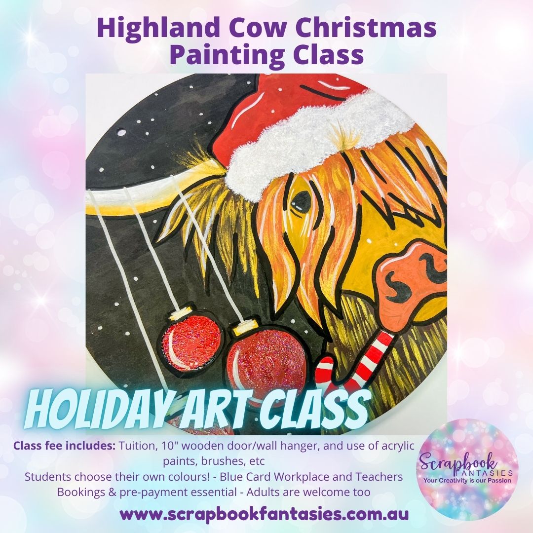 School Holiday Art Class - Christmas Highland Cow Painting Class - Friday 20 December at 10am