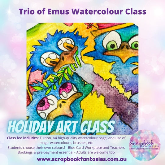 School Holiday Art Class - Trio of Emus Watercolour Class - Wednesday 22 January @ 1pm