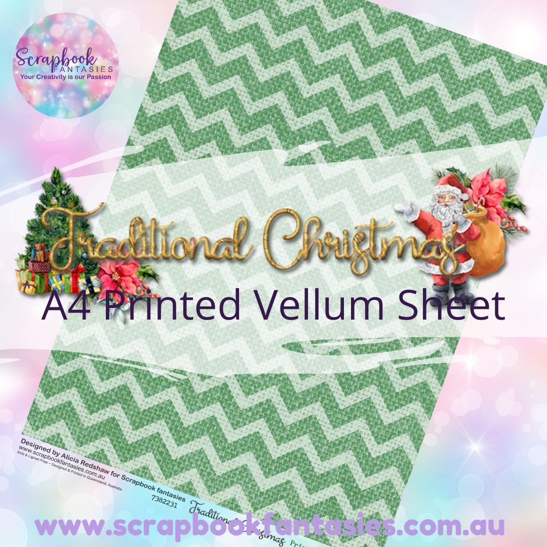 Traditional Christmas A4 Printed Vellum Sheet - Green Chevron 7382231