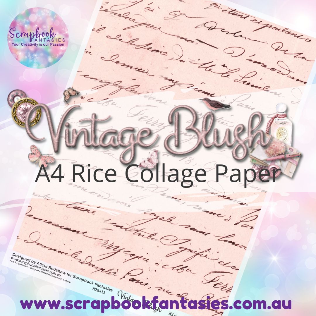 Vintage Blush A4 Rice Collage Paper - Pink with Script 822411