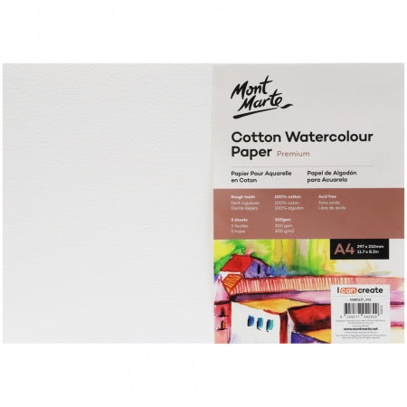 Mont Marte 300gsm Cotton Watercolour Premium Paper A4 - 5 sheets MSBO127