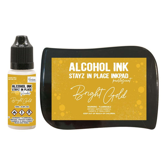 Couture Creations Stayz in Place Alcohol Ink Pad with 12ml reinker - Bright Gold Pearlescent CO728167