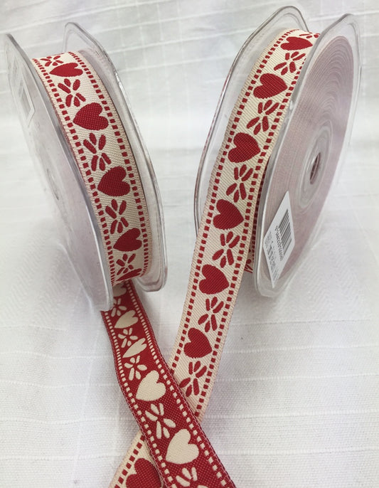15mm Red Embroidered Hearts on Natural Ribbon - Reversible (1 metre)