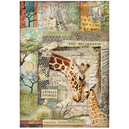 Stamperia Savana Collection A4 Collage Rice Paper - Giraffe DFSA4685