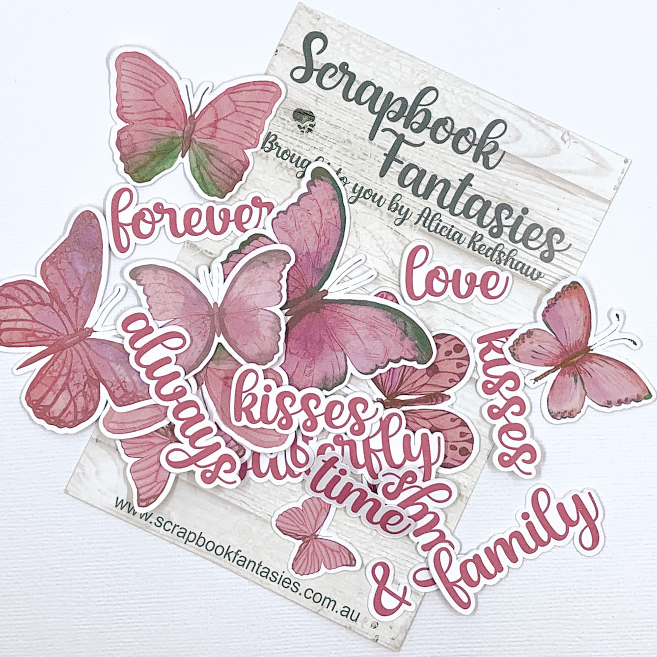 Glamorous - Hot Pink Butterflies & Words Colour-Cuts Minis (20 pieces) Designed by Alicia Redshaw