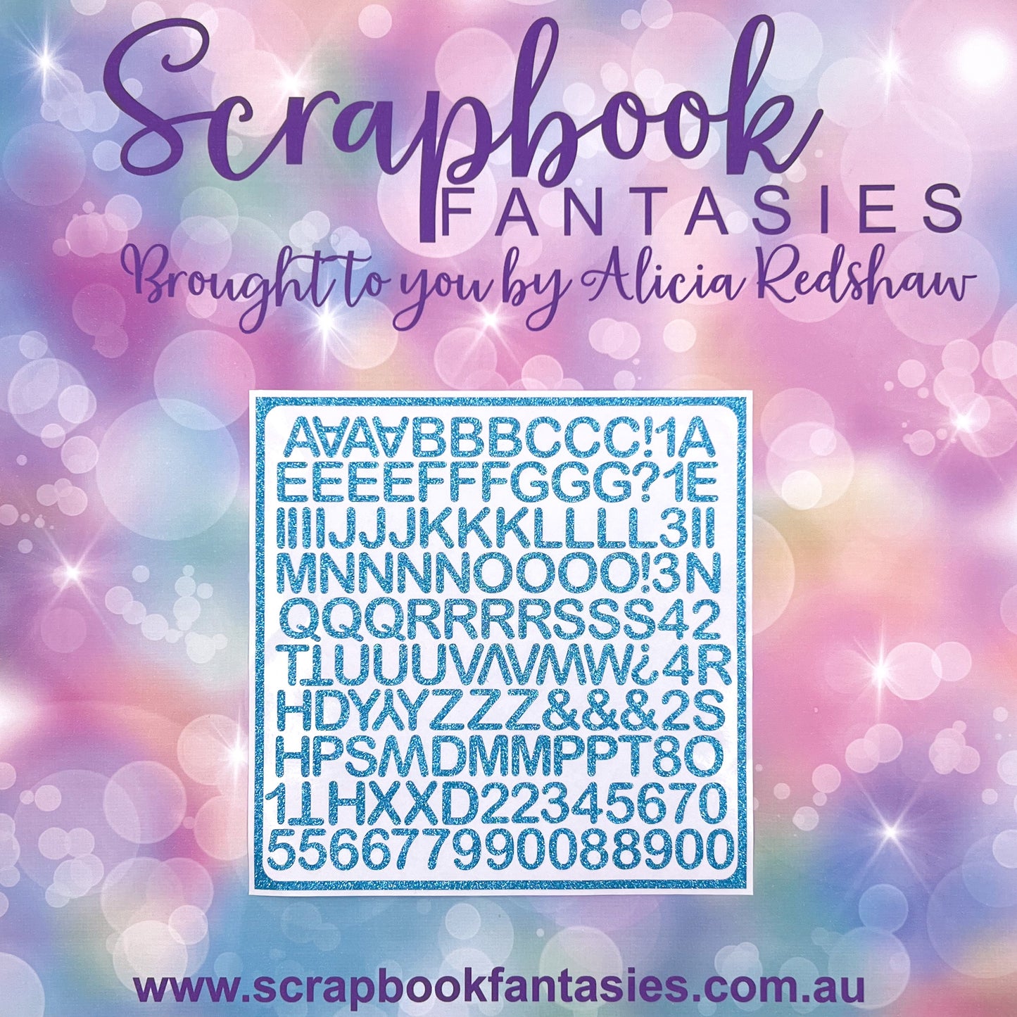 Alphabet & Number Stickers (5.75"x5.75" sheet) 134 1/2" high characters - Mid Blue Glitter
