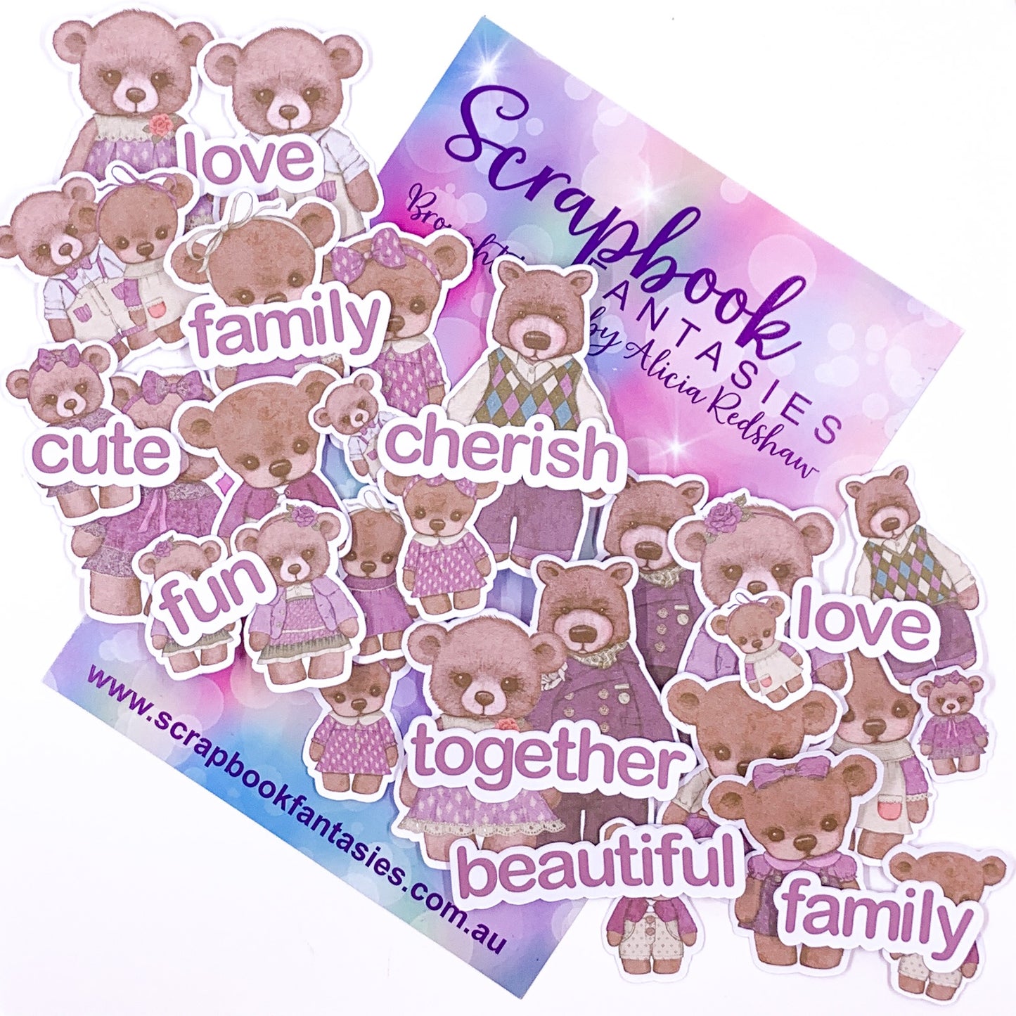 Beautiful Family - Bears & Words 5 Colour-Cuts (35 pieces) Lavender & Brown - Designed by Alicia Redshaw