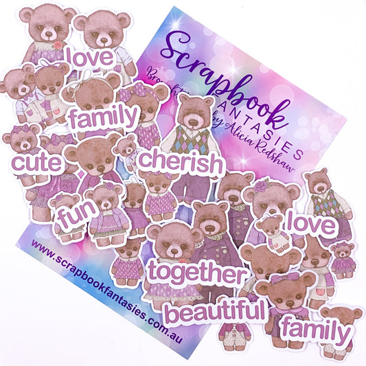 Beautiful Family - Bears & Words 5 Colour-Cuts (35 pieces) Lavender & Brown - Designed by Alicia Redshaw