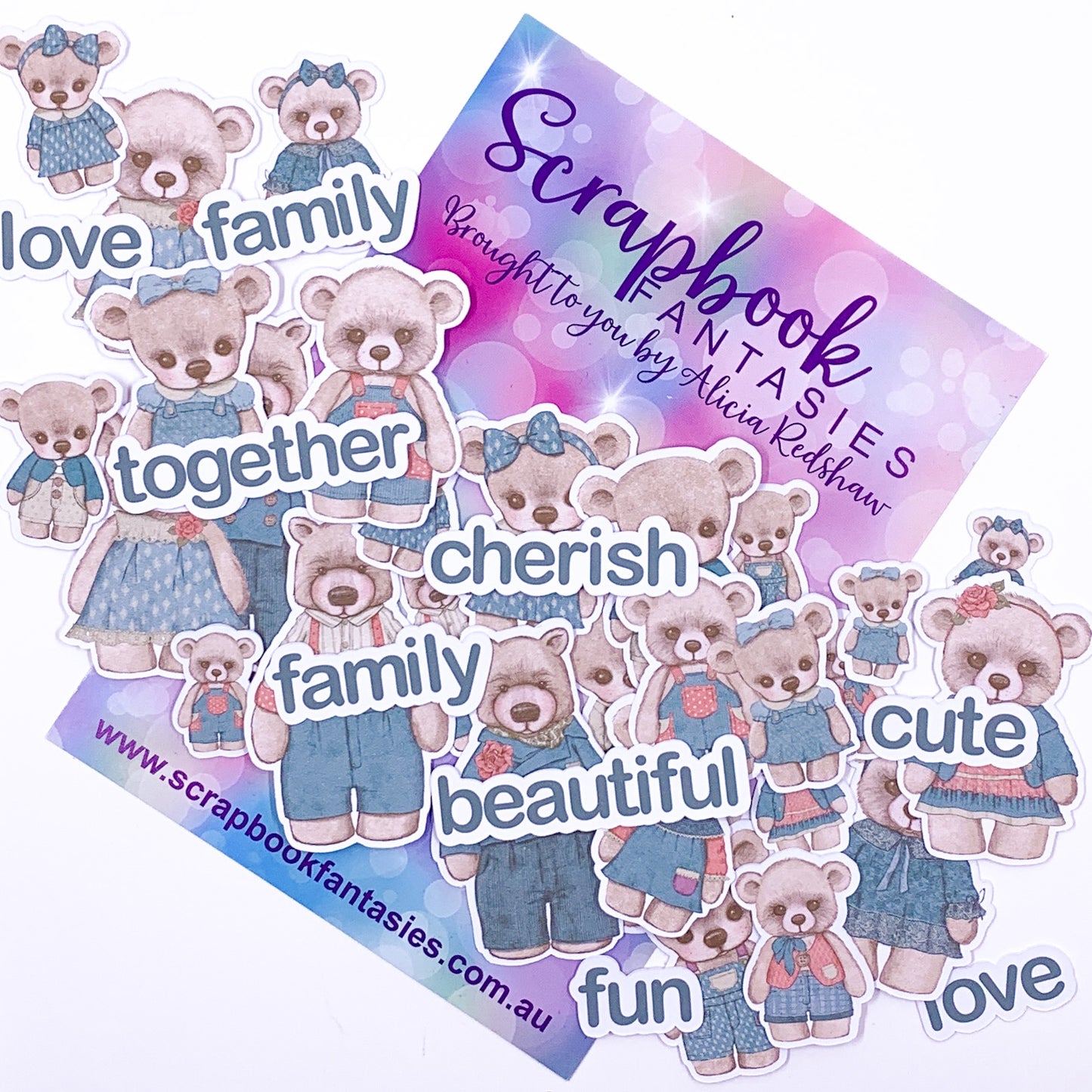 Beautiful Family - Bears & Words 8 Colour-Cuts (35 pieces) Teal & Cream - Designed by Alicia Redshaw