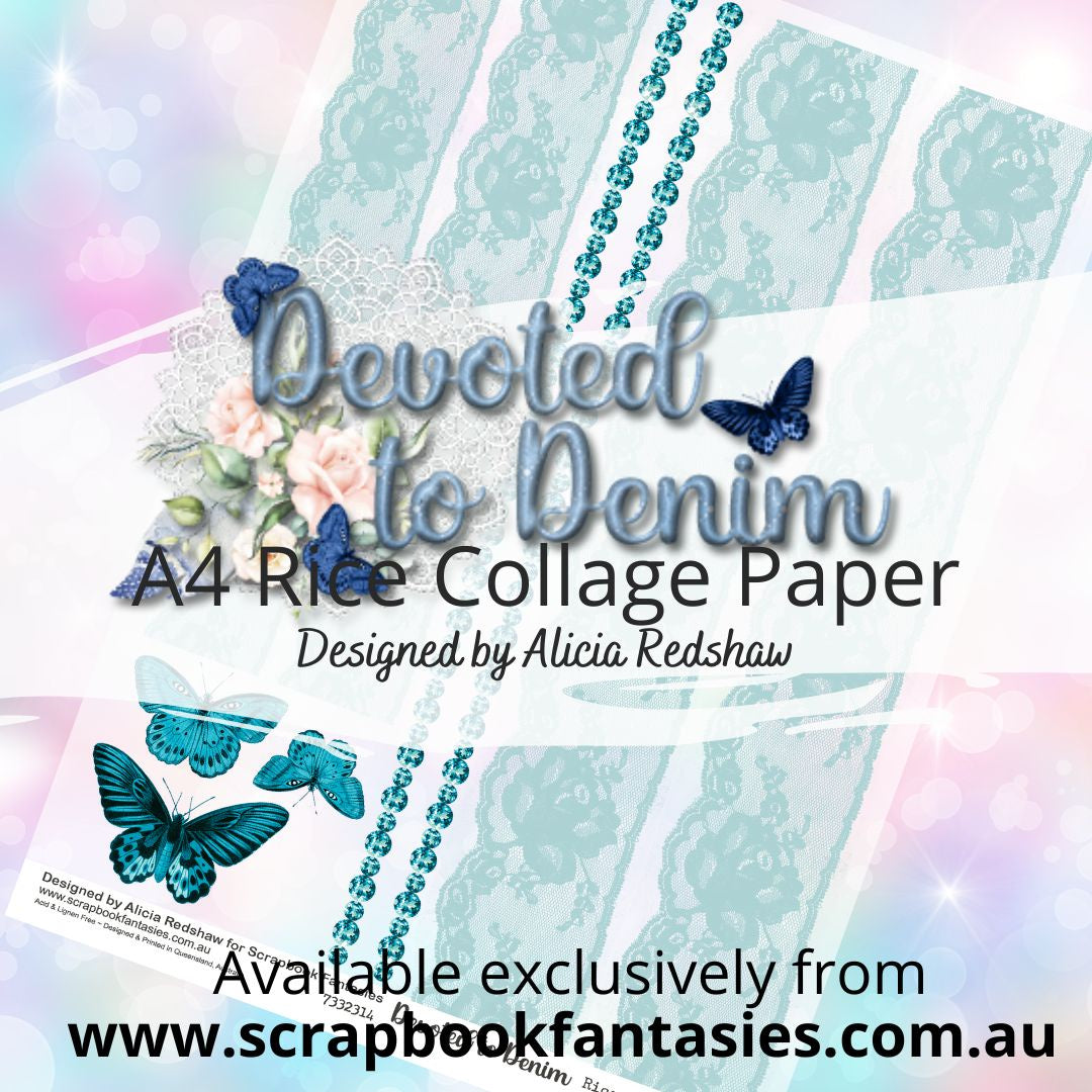 Devoted to Denim A4 Rice Collage Paper - Teal Diamonds & Lace