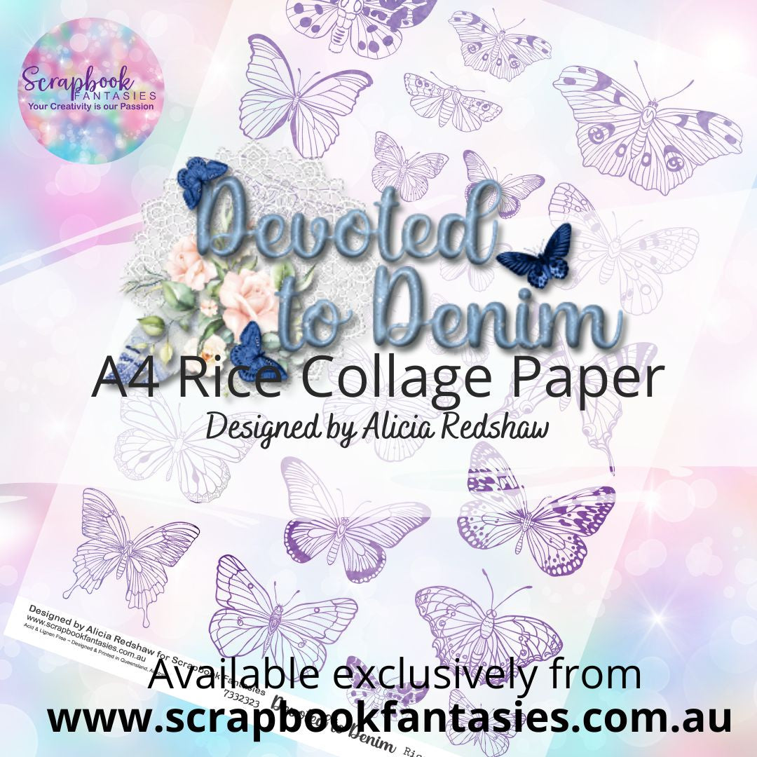 Devoted to Denim A4 Rice Collage Paper - Purple Watercolour Outline Butterflies 7332323