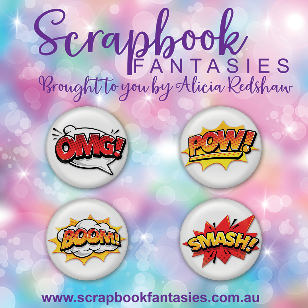 Grunge Street Flair Buttons [1"] - Action Words - OMG, Pow, Boom, Smash (4 pieces) Designed by Alicia Redshaw