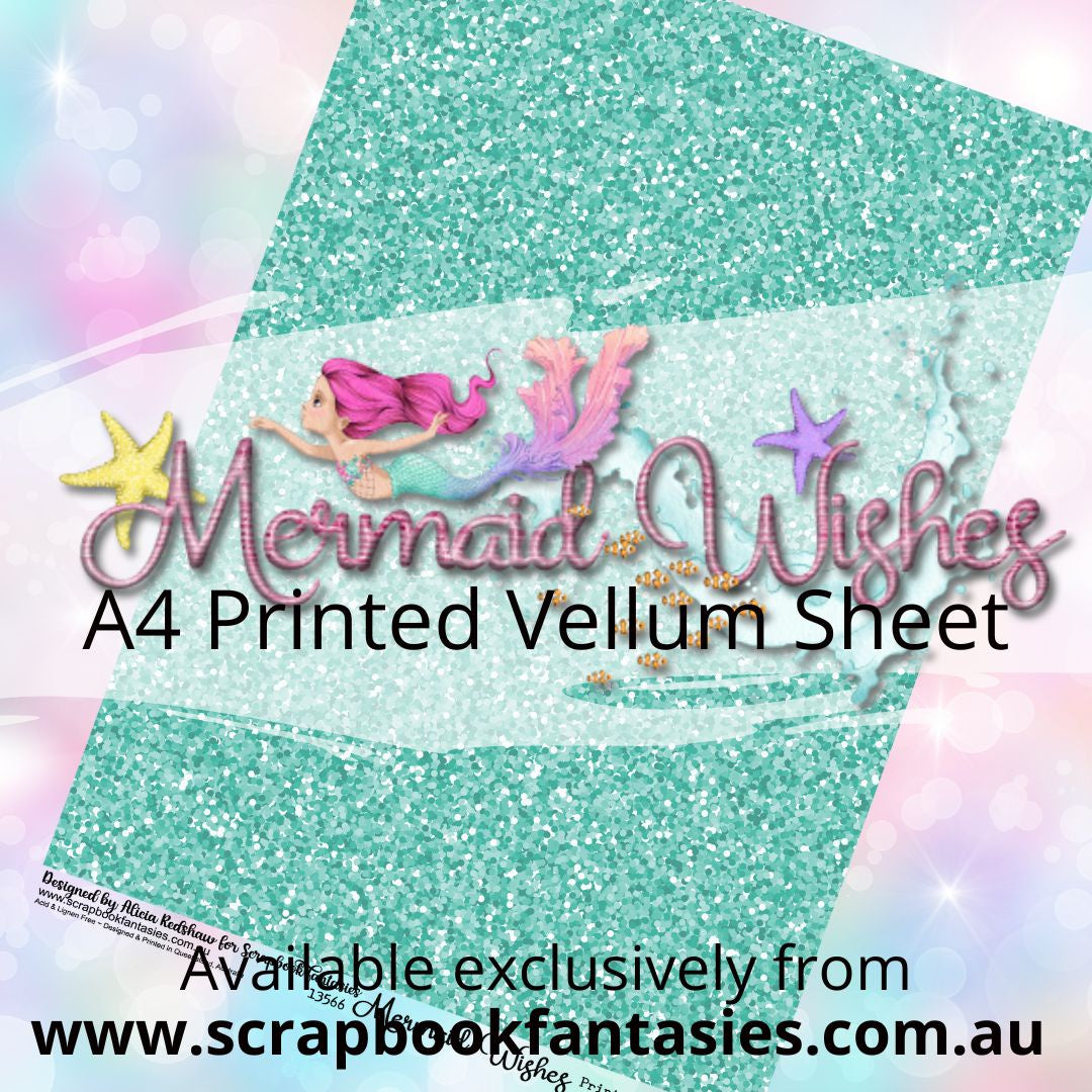 Mermaid Wishes A4 Printed Vellum Sheet - Aqua Glitter 13566