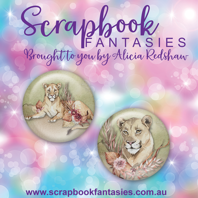 On Safari Flair Buttons [1"] - Lioness with Florals (2 pieces) Designed by Alicia Redshaw