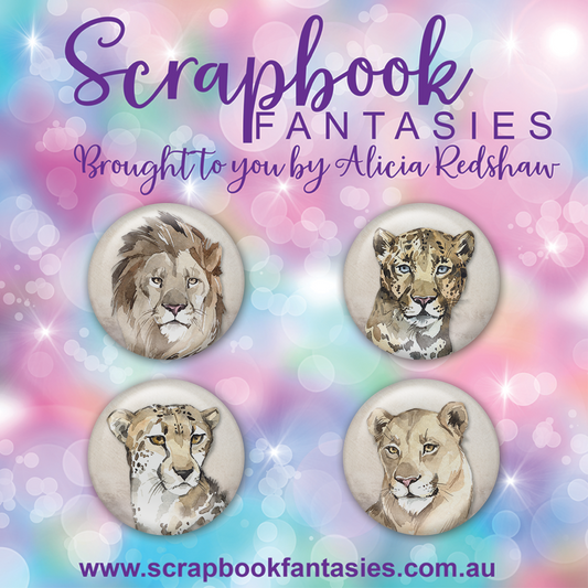 On Safari Flair Buttons [1"] - Big Cat Portraits (4 pieces) Designed by Alicia Redshaw